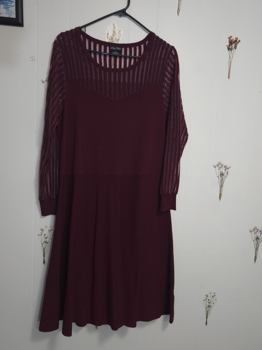 City Chic Burgundy Mesh-Sleeve Fit & Flare Dress